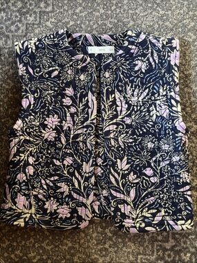 MNG Quilted Floral Vest Guilet- Navy with Light Lavender and Cream